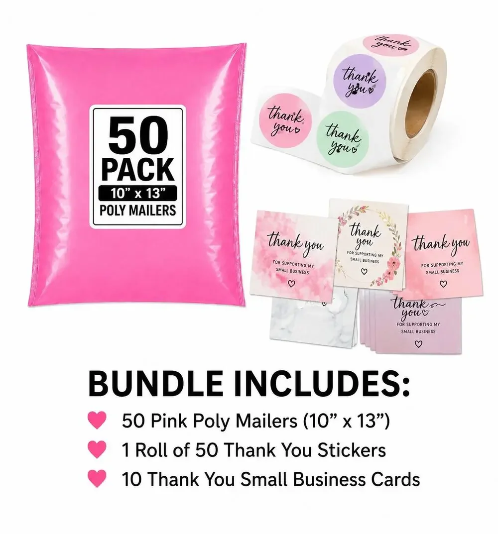 50 pink polymailers new w/ 50 thank you stickers and 10 thank you cards. FiRM